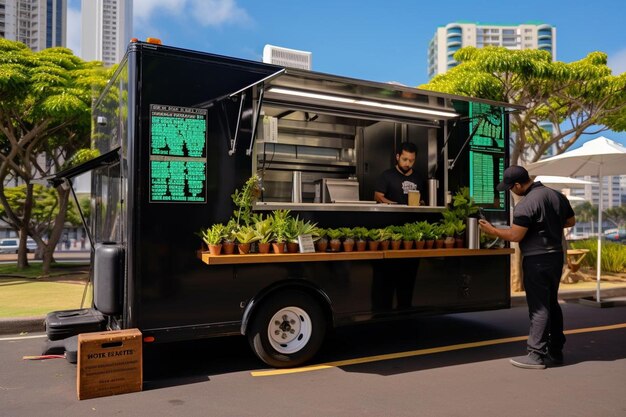 Photo food truck vendor with nutrition facts display