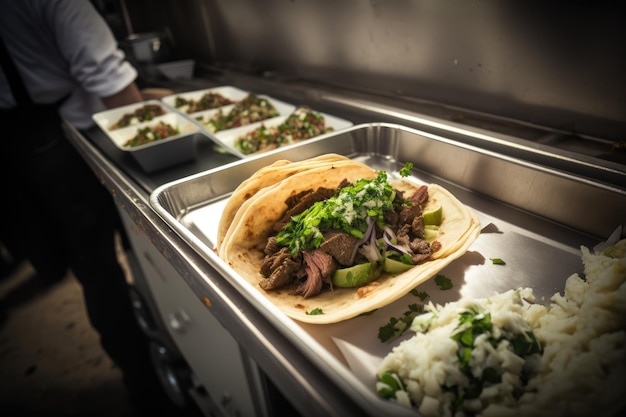 Food truck with flank steak tacos being served up fresh and hot