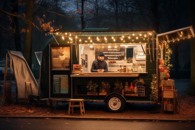 a food truck with a man in a hat is outside in the dark