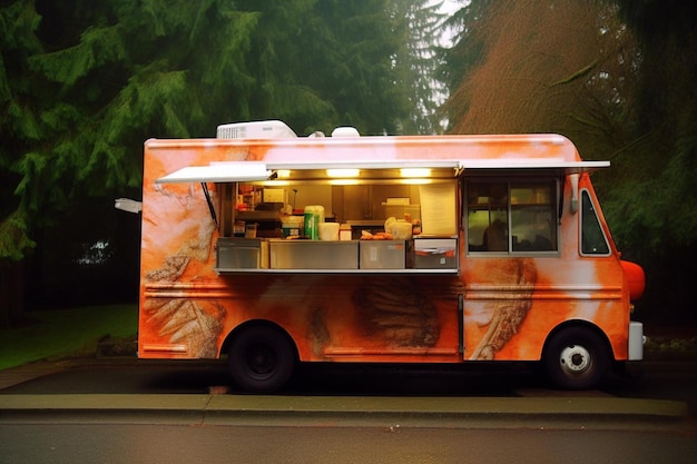 a food truck with a picture of a tree on the side of it