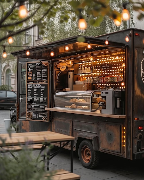 a food truck with a sign that says coffee maker on it