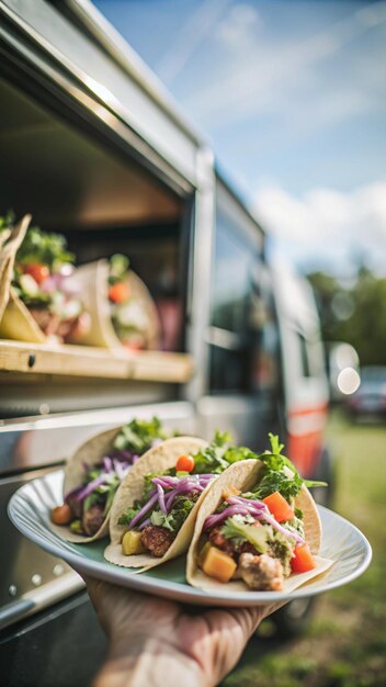 Photo a food truck with tacos on the side and a sign that says quot lettuce quot on it