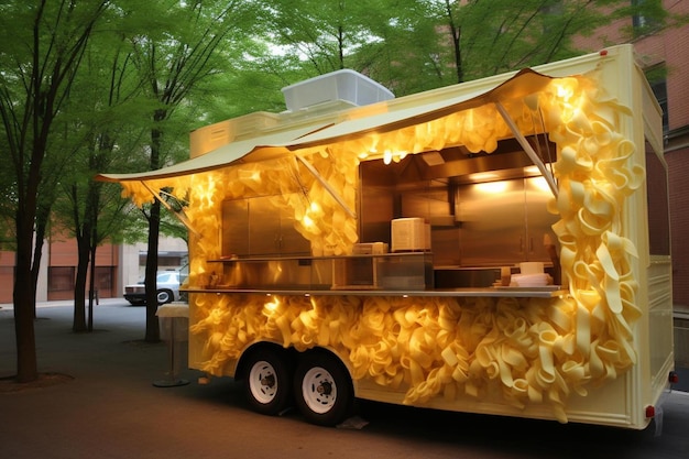 a food truck with a yellow cover that says  the number 8  on it