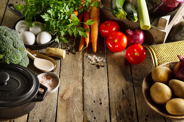 Food Vegetable Colorful Background. Tasty Fresh Vegetables on Wooden Table. 