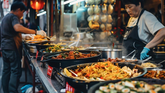 A food vendor prepares food at a busy street food market