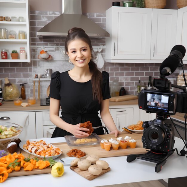 Photo a food vlogger is in the kitchen demonstrating how to make tasty recipes