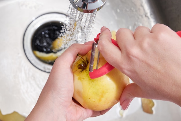 Food waste disposer machine in sink in modern kitchen