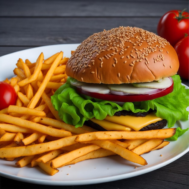 food with a hamburger and french fries