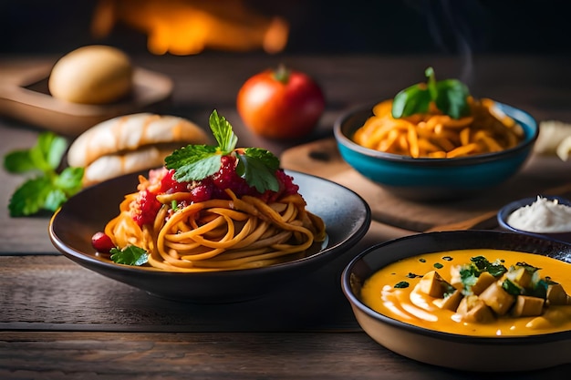 food on a wooden table with a fire in the background