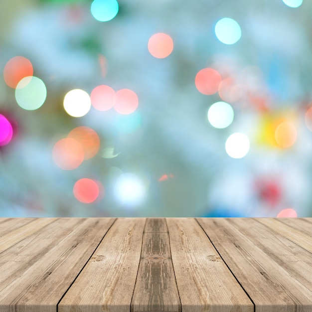 Food wooden table with light bokeh effects square display background