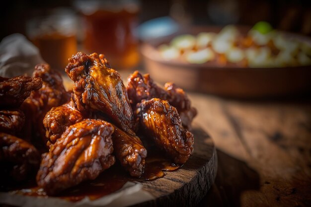 Photo food on a wooden table with a pan of beer and a bowl of food.