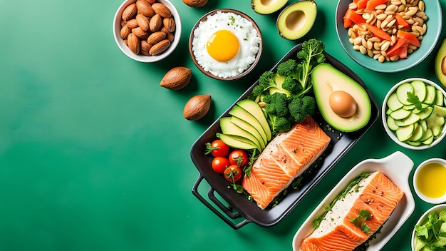 Photo foods good for the heart nuts salmon avocados spinach mushrooms berries on a stone background top view with copy space