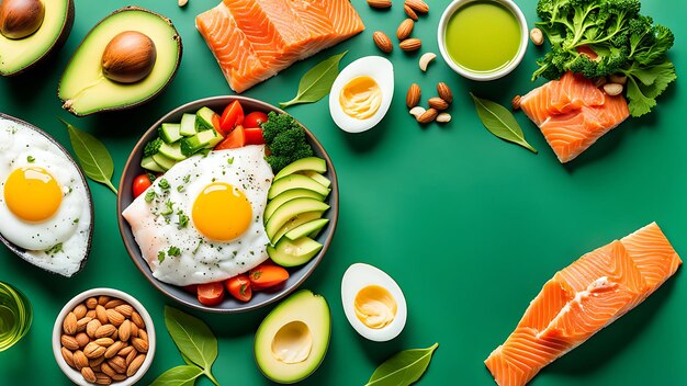 Photo foods good for the heart nuts salmon avocados spinach mushrooms berries on a stone background top view with copy space