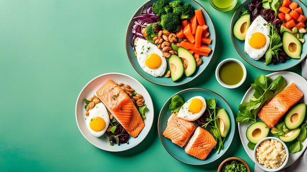 Photo foods good for the heart nuts salmon avocados spinach mushrooms berries on a stone background top view with copy space