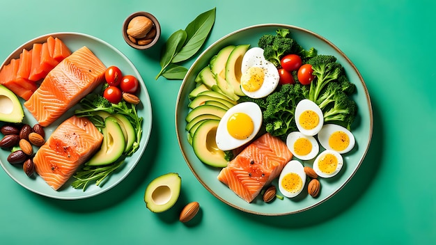 Photo foods good for the heart nuts salmon avocados spinach mushrooms berries on a stone background top view with copy space