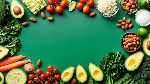 Foods good for the heart nuts salmon avocados spinach mushrooms berries On a stone background Top view with Copy space