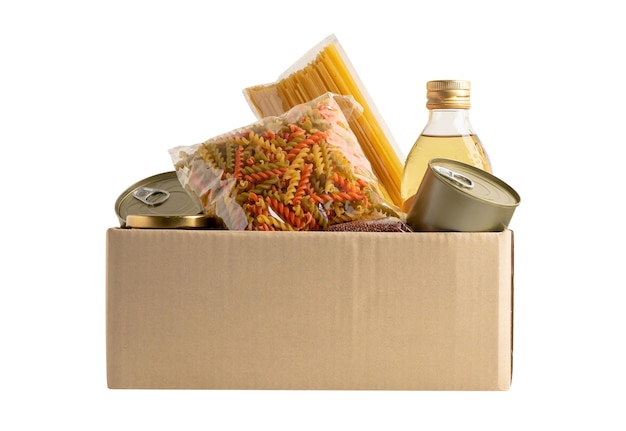 Foodstuff for donation storage and delivery Various food pasta cooking oil and canned food in cardboard box