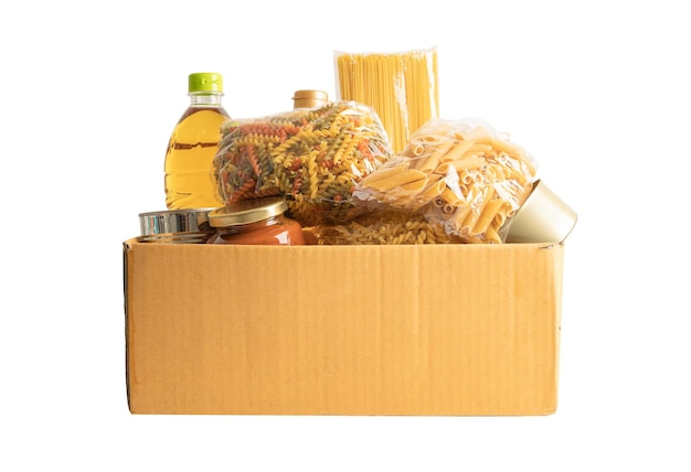 Foodstuff for donation storage and delivery Various food pasta cooking oil and canned food in cardboard box