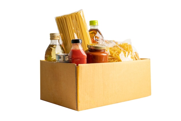 Foodstuff for donation storage and delivery Various food pasta cooking oil and canned food in cardboard box