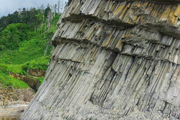 Foot of a coastal cliff composed of columnar basalt on the island of Kunashir