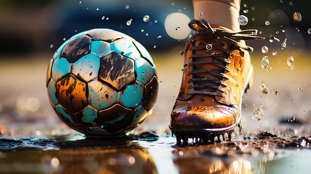 Photo a foot in a dirty boot and a football ball