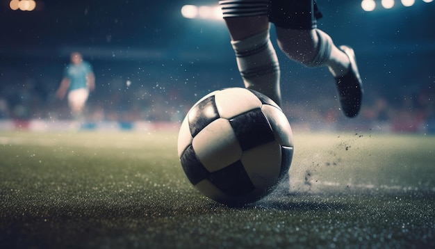 Foot of football player hitting soccer ball fast in stadium Generative AI