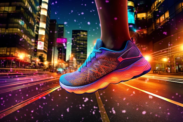 A foot in a glowing running shoe on a night run