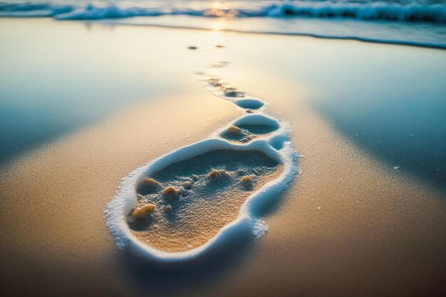 A foot print in the sand of a beach with the sun setting behind it.