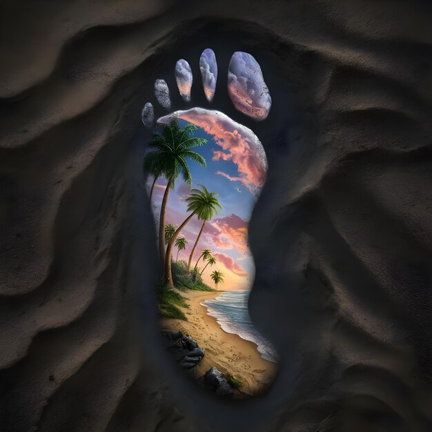 Photo a foot print with palm trees on the beach and a picture of a beach scene