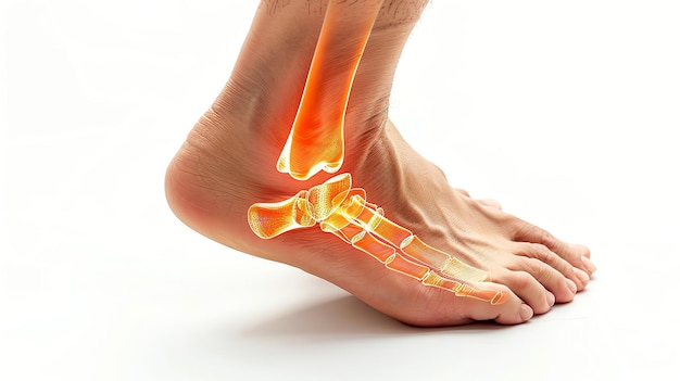 A foot with an overlay of the ankle bones and a highlighted area indicating pain