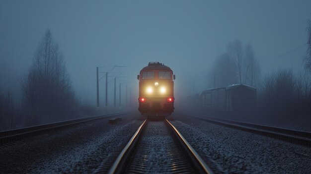 Footage of a trains powerful headlights ting through the fog on a railway track emphasizing the