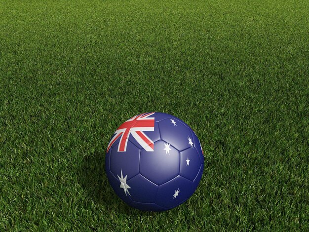 Football in Australia flag on green grass 3d rendering