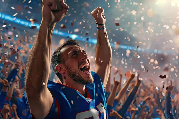 Football Fan Cheers with Raised Hands in Celebration