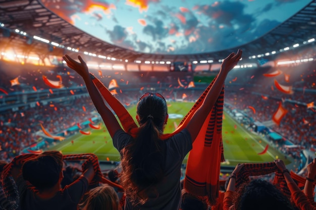 Football fans cheering team at crowded stadium during evening game