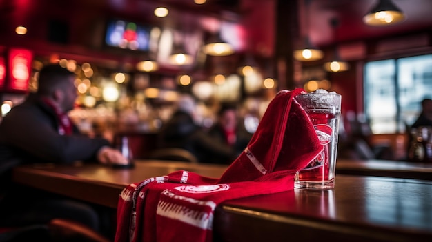 Football fans scarf in glass on bar counter in pub Generative AI