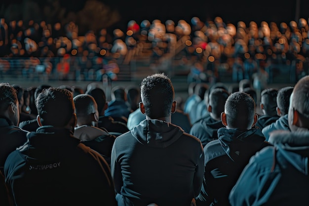 Football Fans Watching a Match in a Public Place at Night