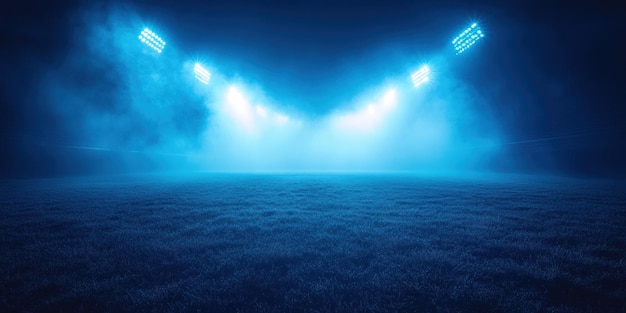 Photo the football field is shrouded in mist with blue floodlights illuminating the area for a night match