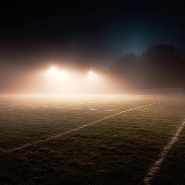 Football field at night with lights and fog