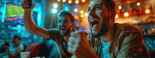 Photo football frenzy fans enjoying a football match on the tv at home show the camaraderie of sports enthusiasts bonding over live matches beers and popcorn