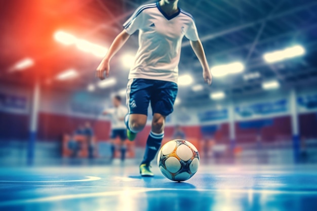 Football futsal player ball futsal floor Sports background Indoor soccer sports hall Youth futsal league Indoor football players and soccer ball Generative ai