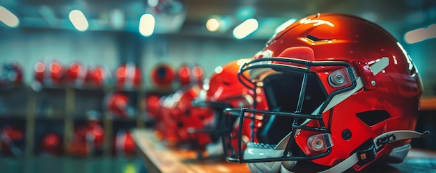 Football Gear Focus on football helmets and jerseys on a bench with a locker room background bright indoor light empty space center for text Christmas