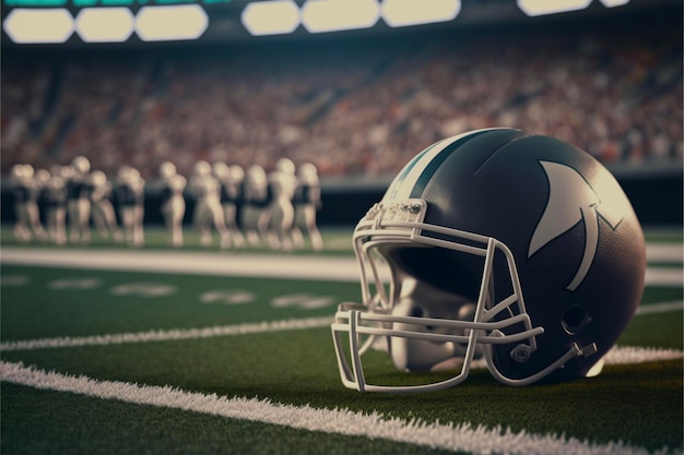 A football helmet on a field with a crowd in the background.