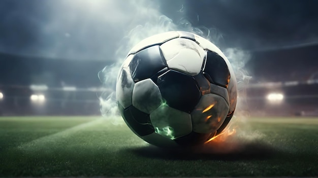 Football lies in the smoke on stadium grass Ball