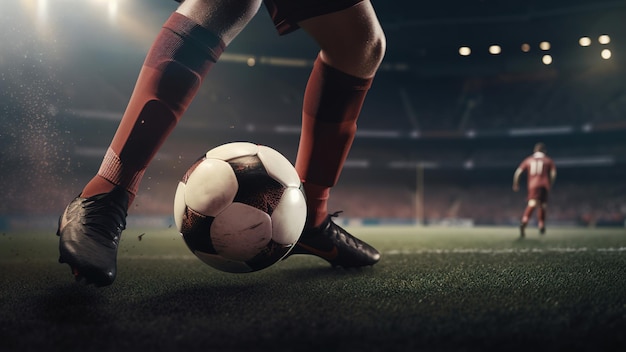 Football match sport Closeup of soccer player playing with ball in stadium Generative AI