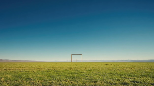 Photo football placed in the center of the field with goalposts in the distance clear sky and room for text