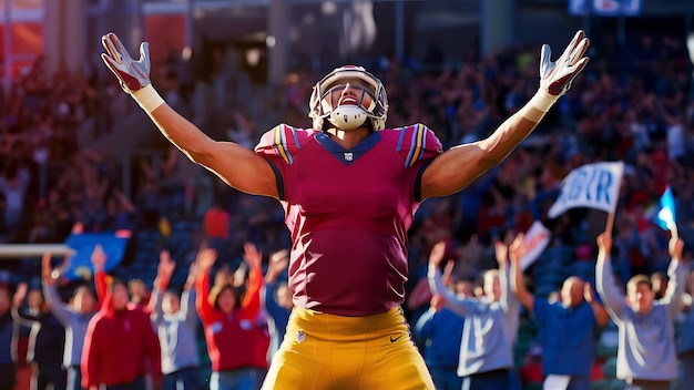 A football player on the field emotionally rejoices at the victory