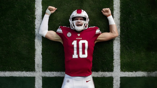 A football player on the field emotionally rejoices at the victory