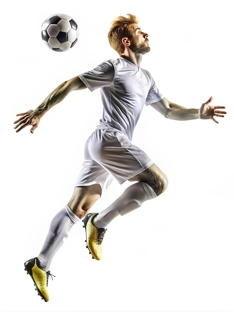 Photo football player heading the ball in midair on clean white background