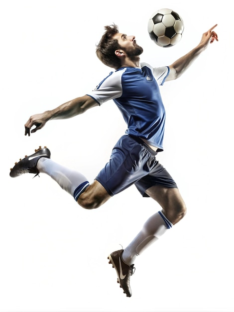 Photo football player heading the ball in midair on clean white background