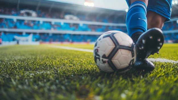 A Football player is standing on the grass with a Football